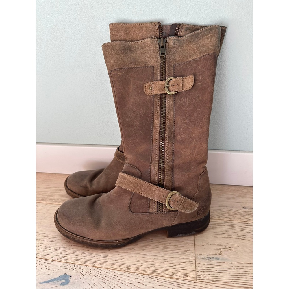 Born D70217 Brown Leather Distressed Mid Calf Boots Buckle Straps Womens 10M